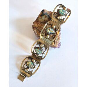 Eagle Head Taxco Sterling Silver Confetti Opal Foil Glass Hinged Panel Bracelet